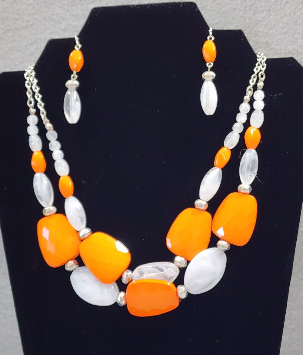 Tangerine Orange Acrylic And Faux Clear-Milky Crystal Necklace Matching Earrings